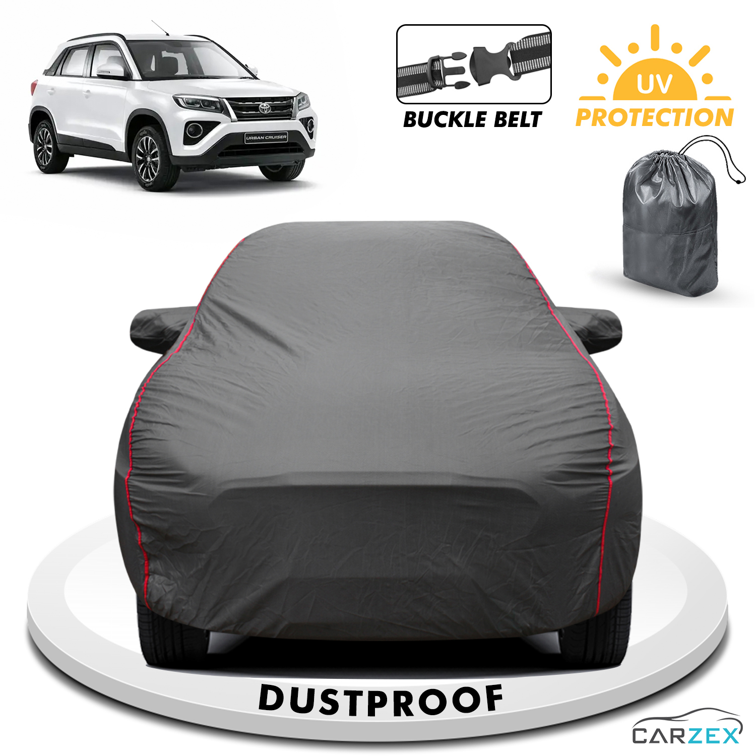 Carzex 2x2 Heavy Duty Red Border Car Body Cover For Toyota Urban Cruiser